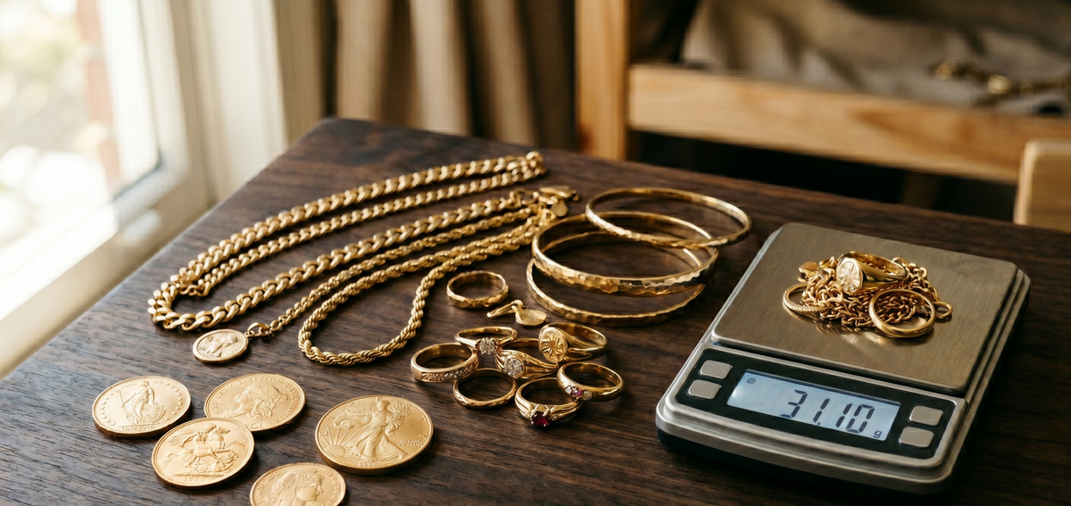 Gold jewelry and coins being evaluated by a gold buyer in Orange County California
